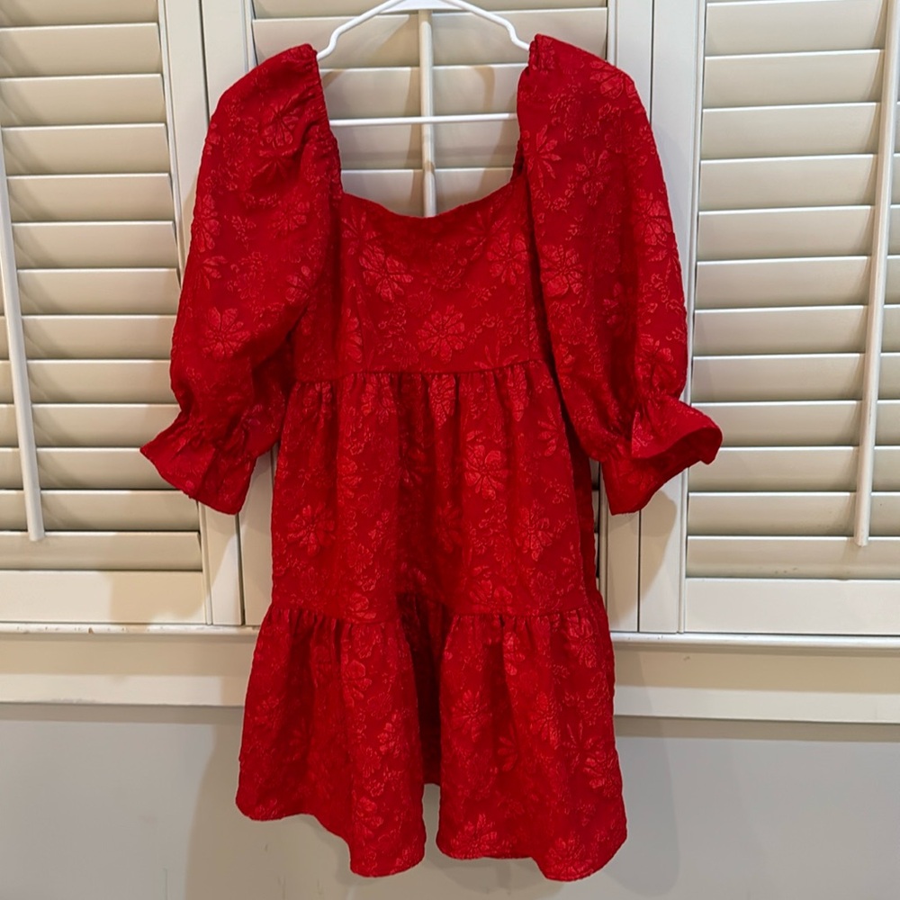 Red Dress- Floral Mid Sleeve Dress- Size S- Red